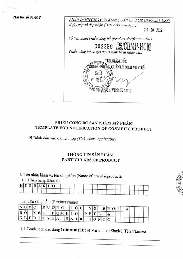Giấy công bố sản phẩm Xịt dưỡng tóc Herbario giay cong bo san pham nuoc duong toc buoi Herbario